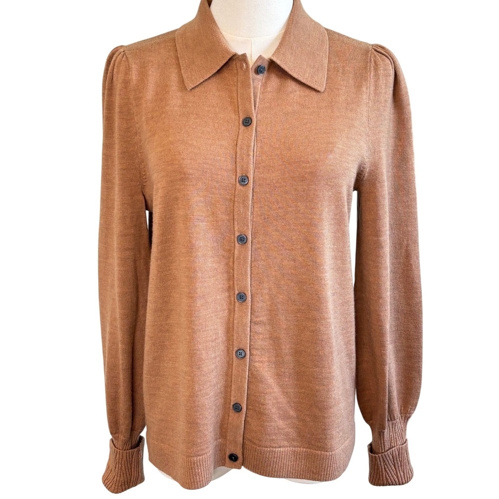 Boden Merino Wool Cardigan Camel Brown Womens S Puff Sleeve Ladylike Work Casual